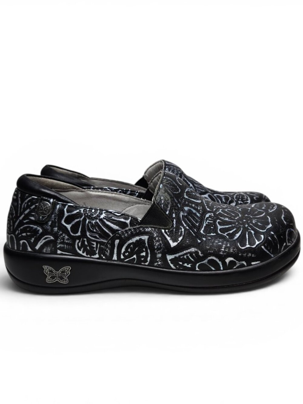 Alegria KEL 570‎ Silver Painted Floral Leather Loafer Women's Black Slip On 38 - Picture 7 of 11